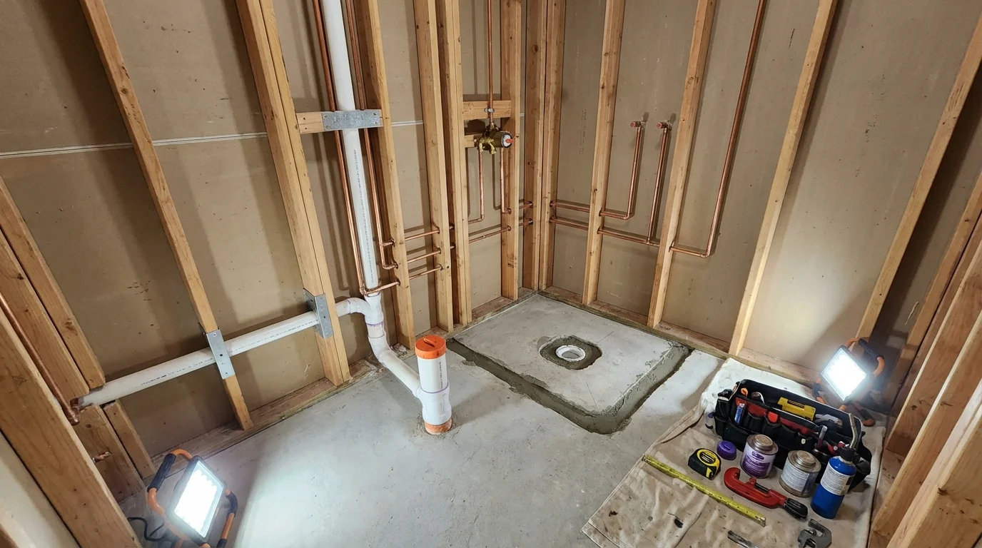 Bathroom rough-in plumbing during remodel by Johns Plumbing LLC in Lehi