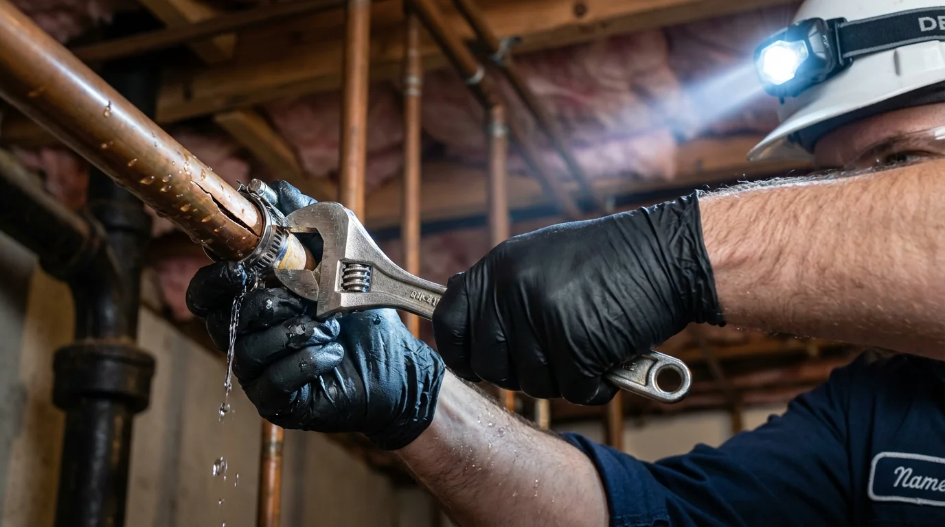 Emergency pipe clamp repair being performed by a Johns Plumbing LLC plumber in Lehi